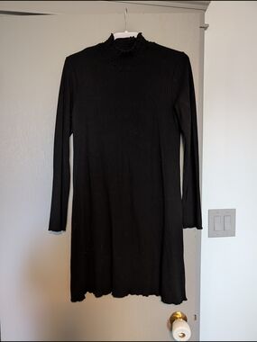 Rewind Black Ribbed Long-Sleeve Mock Neck Dress
